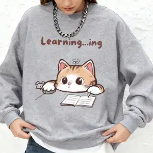 Tembel Çalışan Kedi Yaratıcı Baskılı Sweatshirt Kadın Sonbahar Yuvarlak Yaka Büyük Beden Kapü
