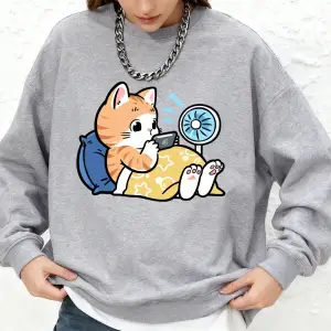 Tembel Kedi Telefonla Oynarken Baskı Kazak Kadın Rahat Bisiklet Yaka Büyük Boy Kapşonlu Sıcak