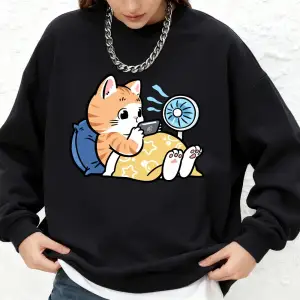 Tembel Kedi Telefonla Oynarken Baskı Kazak Kadın Rahat Bisiklet Yaka Büyük Boy Kapşonlu Sıcak