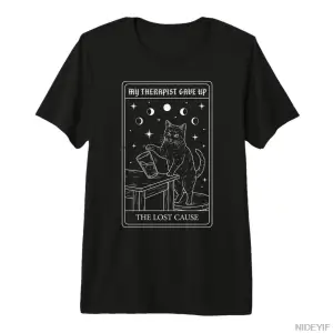 Terapistim Komik Tarot Kartı Vermeyecekçe Dedi Kedi T-shirt Erkekler Kadınlar için % 100% Pam