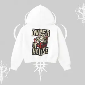 The Owner of House Kedi Arka Baskılı Kapşonlu Crop Sweatshirt