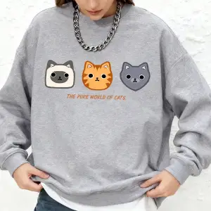 The Pupe World Of Cats Baskılı Tişörtü Bayan Sonbahar Bisiklet Yaka Büyük Boy Kapüşonlular Sı