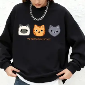 The Pupe World Of Cats Baskılı Tişörtü Bayan Sonbahar Bisiklet Yaka Büyük Boy Kapüşonlular Sı