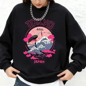 Tokyo Japonya Vinç Dalgaları Baskılı Kadın Kapüşonlu Sweatshirtü Basic Jogger Sıcak Sweatshir