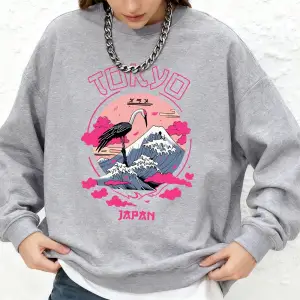 Tokyo Japonya Vinç Dalgaları Baskılı Kadın Kapüşonlu Sweatshirtü Basic Jogger Sıcak Sweatshir