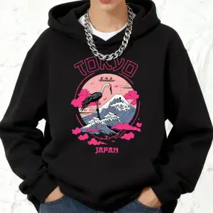 Tokyo Japonya Vinç Dalgaları Baskılı Kapüşonlu Üstler Pamuklu Kadın Sportif Bol Kazaklar Kışl