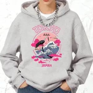 Tokyo Japonya Vinç Dalgaları Baskılı Kapüşonlu Üstler Pamuklu Kadın Sportif Bol Kazaklar Kışl