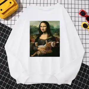 Trend Basit Kadın Kazak Ünlü Resim Mona Lisa Tutun Kedi Yaratıcılık Baskı Kapüşonlular Polar