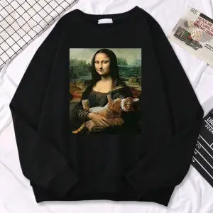 Trend Basit Kadın Kazak Ünlü Resim Mona Lisa Tutun Kedi Yaratıcılık Baskı Kapüşonlular Polar