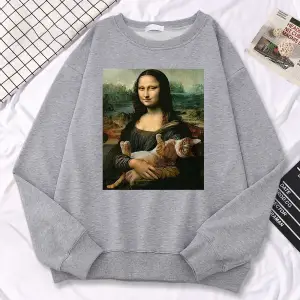 Trend Basit Kadın Kazak Ünlü Resim Mona Lisa Tutun Kedi Yaratıcılık Baskı Kapüşonlular Polar