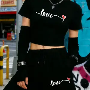 Trend Kalp Aşk Mektubu Baskılı Babby Teelar Şortlar Kadın İki Parçalı Set Beş Nokta Pantolon İ