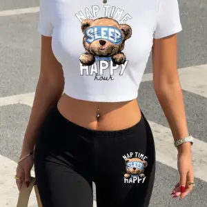 Trend Karikatür Ayı Uyku Zamanı Mutlu Baskılı Babby TeeTişört Şort Kadın İki Parça Takım Üst Pant