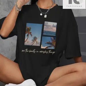 Tropikal Ve Slogan Grafikli Düşük Omuzlu Tişört