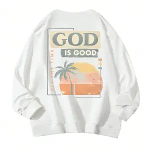 Tropikal ve Slogan Grafikli Düşük Sweat Beyaz