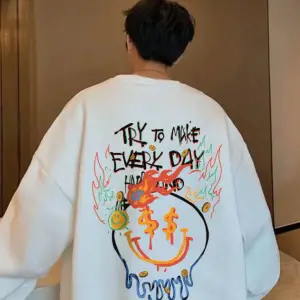 Try To Make Renkli Oversize Bisiklet Yaka Pamuklu Sweatshirt Beyaz