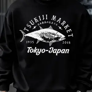 Tsukiji Market Tokyo-Japonya Baskı Kazak Erkek Modası Rahat Kazaklar Sonbahar Günlük Spor Giy