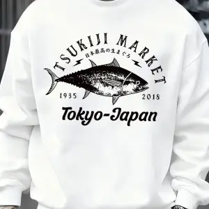 Tsukiji Market Tokyo-Japonya Baskı Kazak Erkek Modası Rahat Kazaklar Sonbahar Günlük Spor Giy