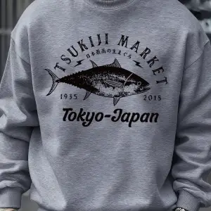 Tsukiji Market Tokyo-Japonya Baskı Kazak Erkek Modası Rahat Kazaklar Sonbahar Günlük Spor Giy