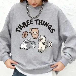 Üç Şeyler Kedi Baskı Kazak Bayan Rahat Büyük Boy Jogger Hoodie Sonbahar Uzun Kollu Sıcak Üstl