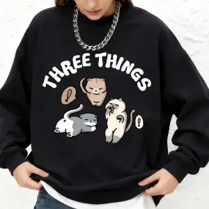 Üç Şeyler Kedi Baskı Kazak Bayan Rahat Büyük Boy Jogger Hoodie Sonbahar Uzun Kollu Sıcak Üstl