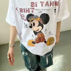 Unique----Unisex Kadın Erkek Mickey Mous Özel Baskılı Oversize Pamuk Penye T-shirt Beyaz