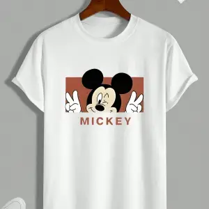 Unique----Unisex Kadın Erkek Mickey Mous Özel Baskılı Oversize Pamuk Penye T-shirt Beyaz