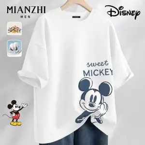 Unique----Unisex Kadın Erkek Mickey Mous Özel Baskılı Oversize Pamuk Penye T-shirt Beyaz