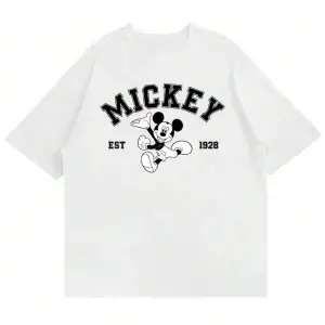 Unique----Unisex Kadın Erkek Mickey Mous Özel Baskılı Oversize Pamuk Penye T-shirt Beyaz