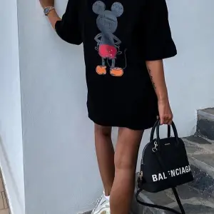 Unique----Unisex Kadın Erkek Mickey Mous Özel Baskılı Oversize Pamuk Penye T-shirt Siyah