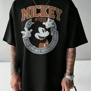 Unique----Unisex Kadın Erkek Mickey Mous Özel Baskılı Oversize Pamuk Penye T-shirt Siyah