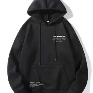 Unique----Unisex Siyah Happiest Baskılı Oversize Kapşonlu Sweatshirt