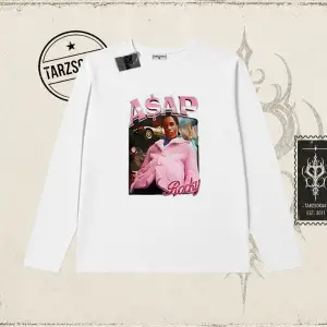 Unisex Asap Rocky Biskilet Yaka  Long Sleeve Beyaz