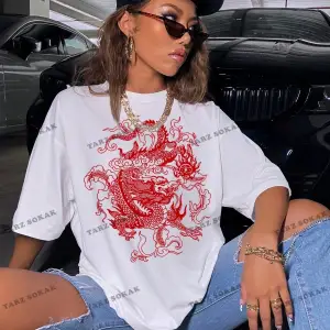 Unisex BAY  Ejderha Baskılı Düşük Omuz Kısa Kollu Tişört KOD-1349