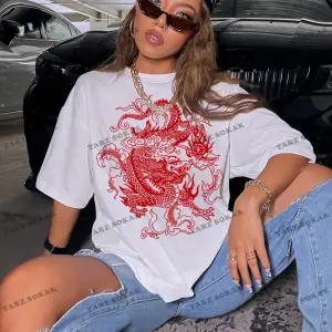 Unisex BAY  Ejderha Baskılı Düşük Omuz Kısa Kollu Tişört KOD-1349