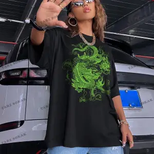 Unisex BAY  Ejderha Baskılı Düşük Omuz Kısa Kollu Tişört KOD-1349