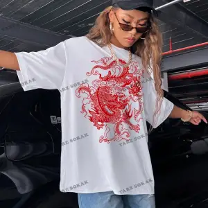 Unisex BAY  Ejderha Baskılı Düşük Omuz Kısa Kollu Tişört KOD-1349