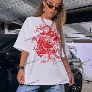 Unisex BAY  Ejderha Baskılı Düşük Omuz Kısa Kollu Tişört KOD-1349