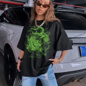 Unisex BAY  Ejderha Baskılı Düşük Omuz Kısa Kollu Tişört KOD-1349