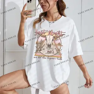 Unisex BAY  El Ve Kalp Baskılı Düşük Omuz Oversize Tişört KOD-1318