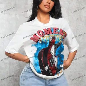 Unisex BAY  Gitar ve Harf Grafikli Düşük Omuz Tişört Bol Tişört Erkek Arkadaşı Stili  KOD-1312