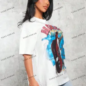 Unisex BAY  Gitar ve Harf Grafikli Düşük Omuz Tişört Bol Tişört Erkek Arkadaşı Stili  KOD-1312