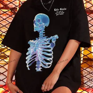 Unisex BAY  Goth Kadın Kafatası Desenli Damla Omuz T-shirt KOD-1368