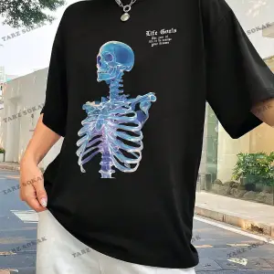 Unisex BAY  Goth Kadın Kafatası Desenli Damla Omuz T-shirt KOD-1368