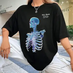 Unisex BAY  Goth Kadın Kafatası Desenli Damla Omuz T-shirt KOD-1368