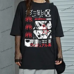 Unisex BAY  Grunge Punk Japon Harf ve Şekil Grafik Damla Omuz Tişört KOD-1344