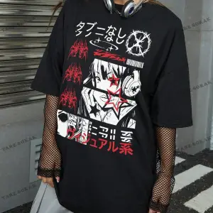 Unisex BAY  Grunge Punk Japon Harf ve Şekil Grafik Damla Omuz Tişört KOD-1344