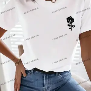 Unisex BAY  Gül Çiçek Desenli Yuvarlak Yaka Kısa Kollu Tişört KOD-1348