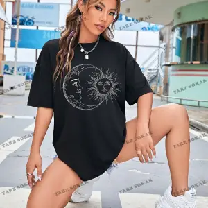 Unisex BAY  Güneş ve Ay Desenli Düşük Omuz Tişört KOD-1342