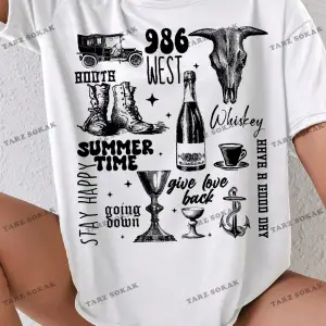 Unisex BAY  Kadın Batı Tarzı Baskılı Kısa Kollu Tişört KOD-1336