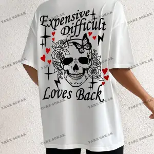 Unisex BAY  Kadın Kafatası Kafalı, Aşk Kalpli ve Harfli Baskılı Tişört KOD-1303